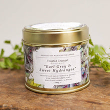 Load image into Gallery viewer, Earl Grey & Sweet Hydrangea Candle in a Matt Gold Tin