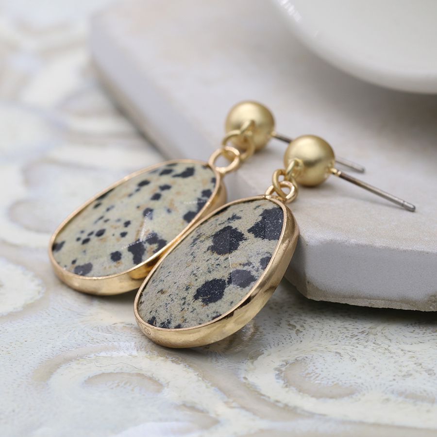 Golden earrings drop earrings with dalmation jasper
