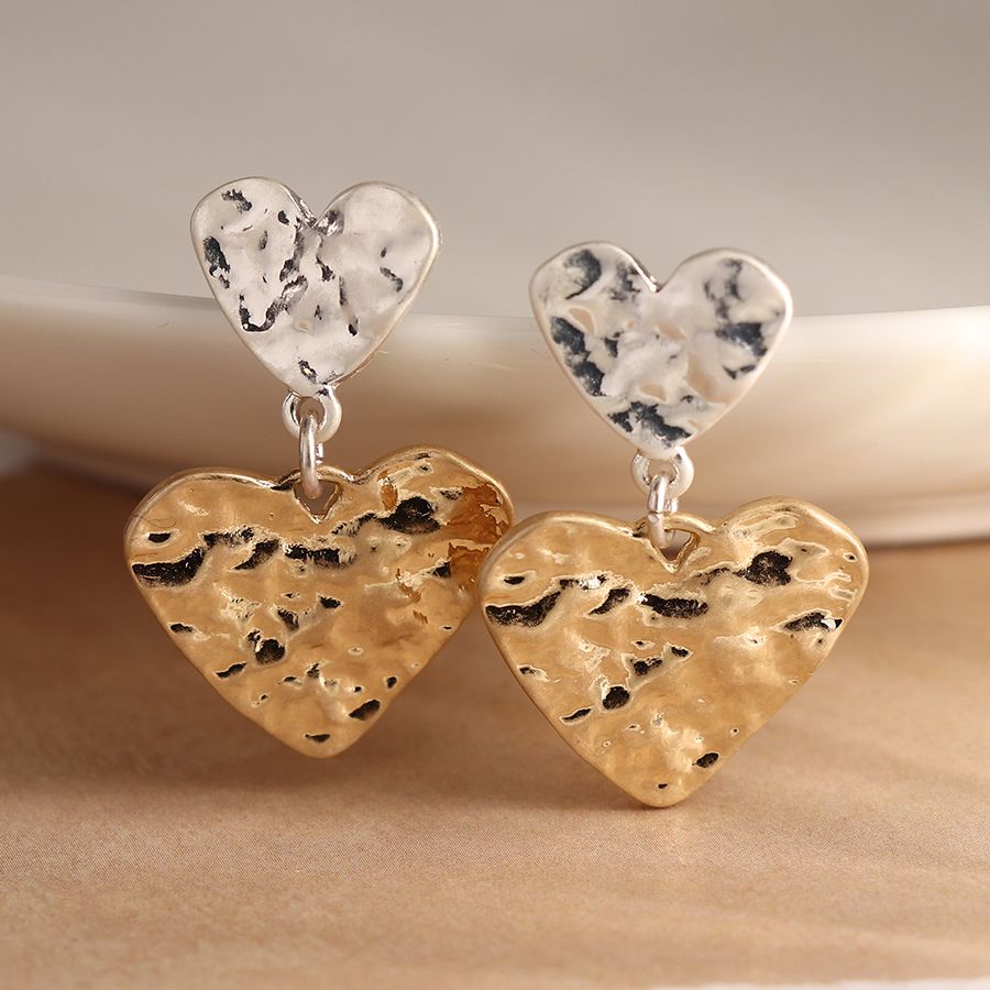 Double Beaten Heart Earrings Silver & Gold