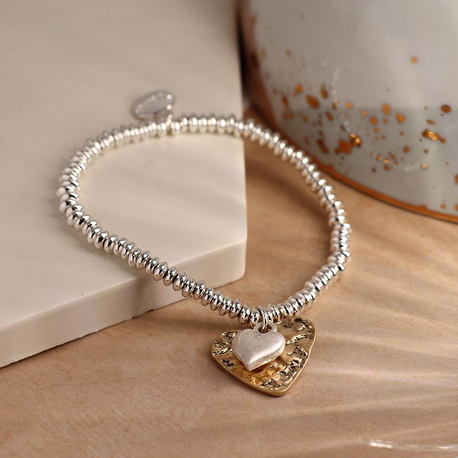 Silver Plated Bead Bracelet with Beaten Gold/Silver Hearts