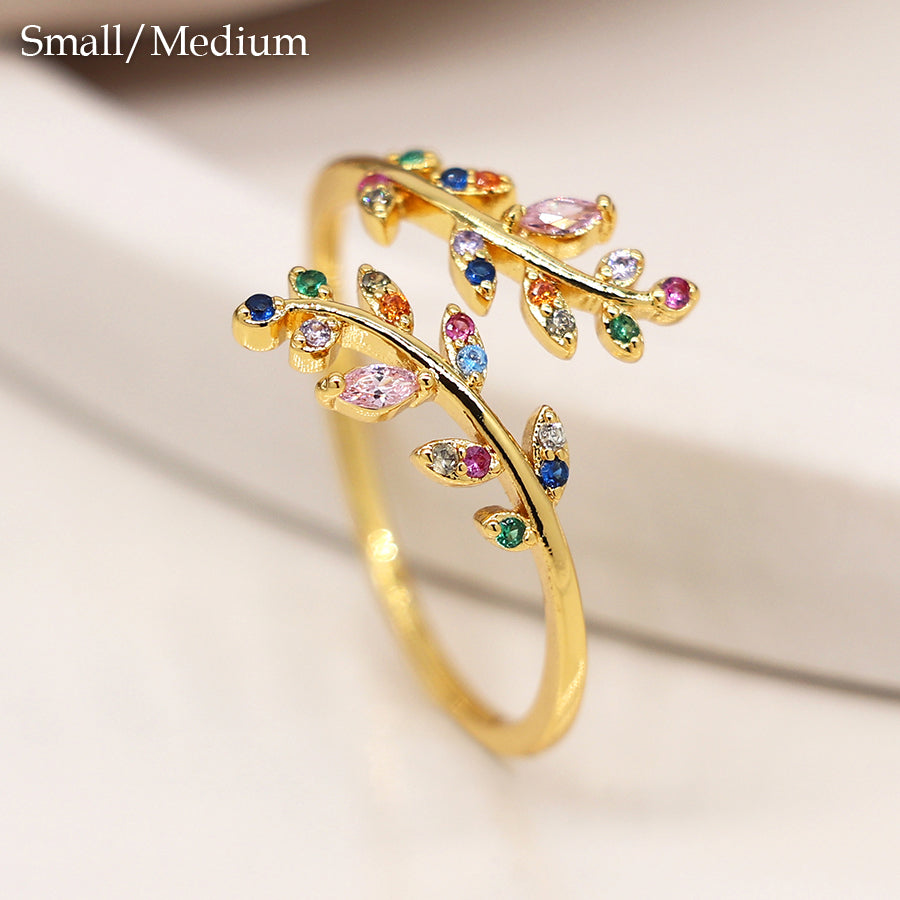 Gold plated rainbow crystal leaf wrap ring