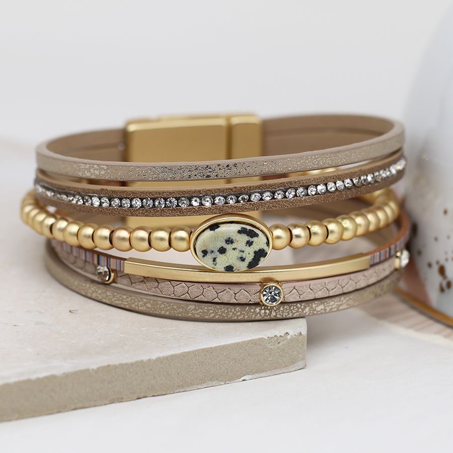 Golden mix leather bracelet with cystals and Dalmation Jasper