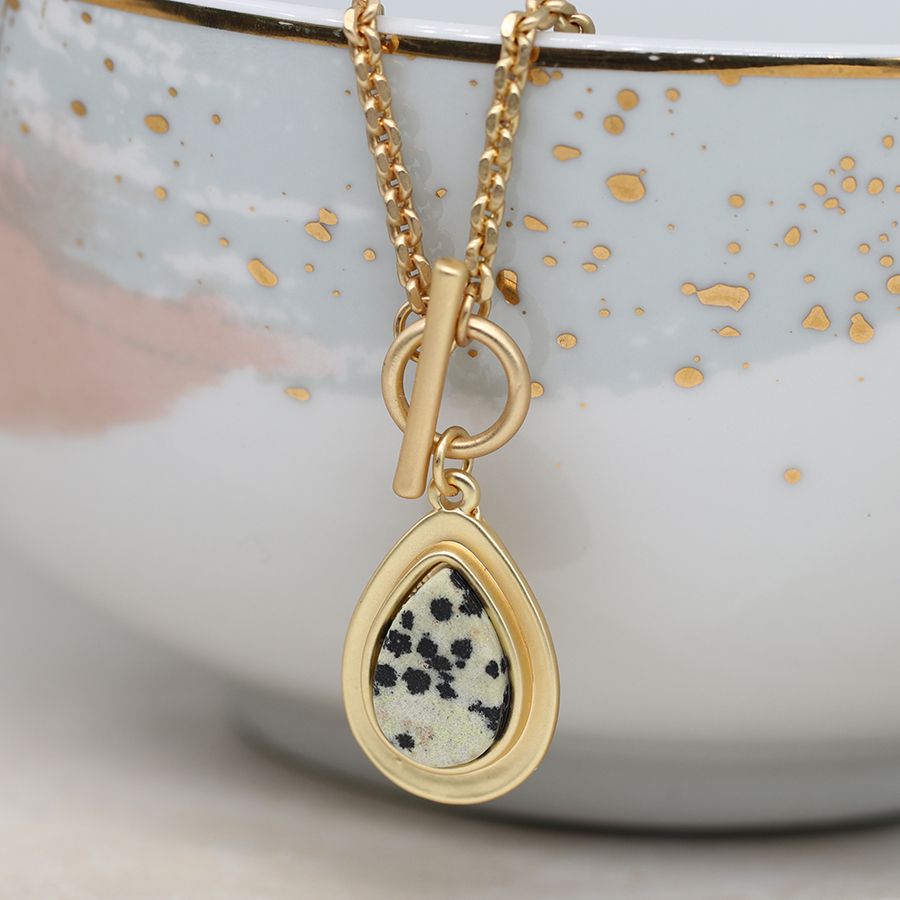 Matt gold Dalmation Jasper teardrop t-bar necklace