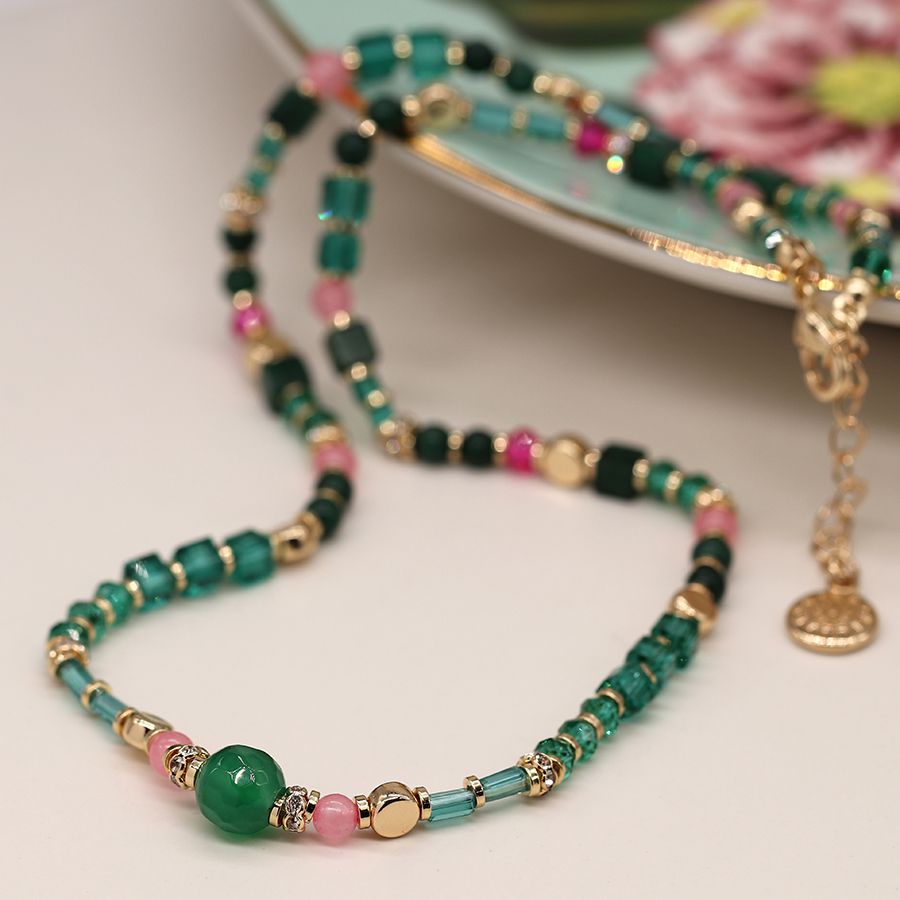 Green & Pink Mix Beaded Necklace