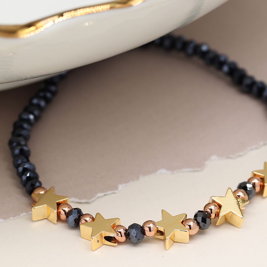 Midnight Bead Bracelet with Golden Stars