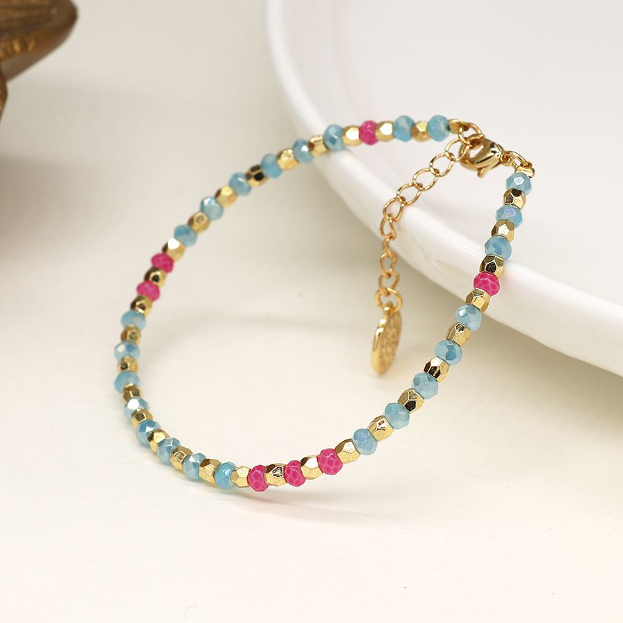 Aqua/Pink /Gold Faceted Bead Bracelet