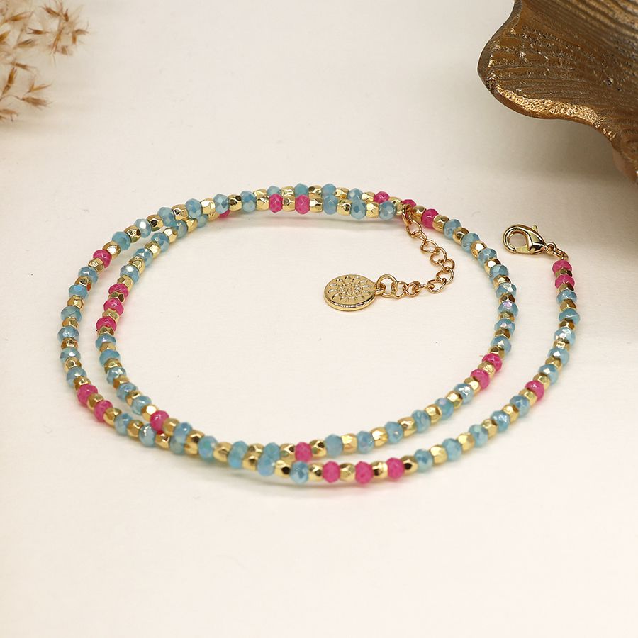 Aqua/Pink/Gold Faceted Bead Necklace