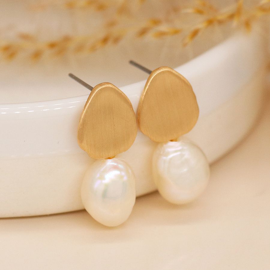 Golden Brushed Teardrop & Pearl Earrings