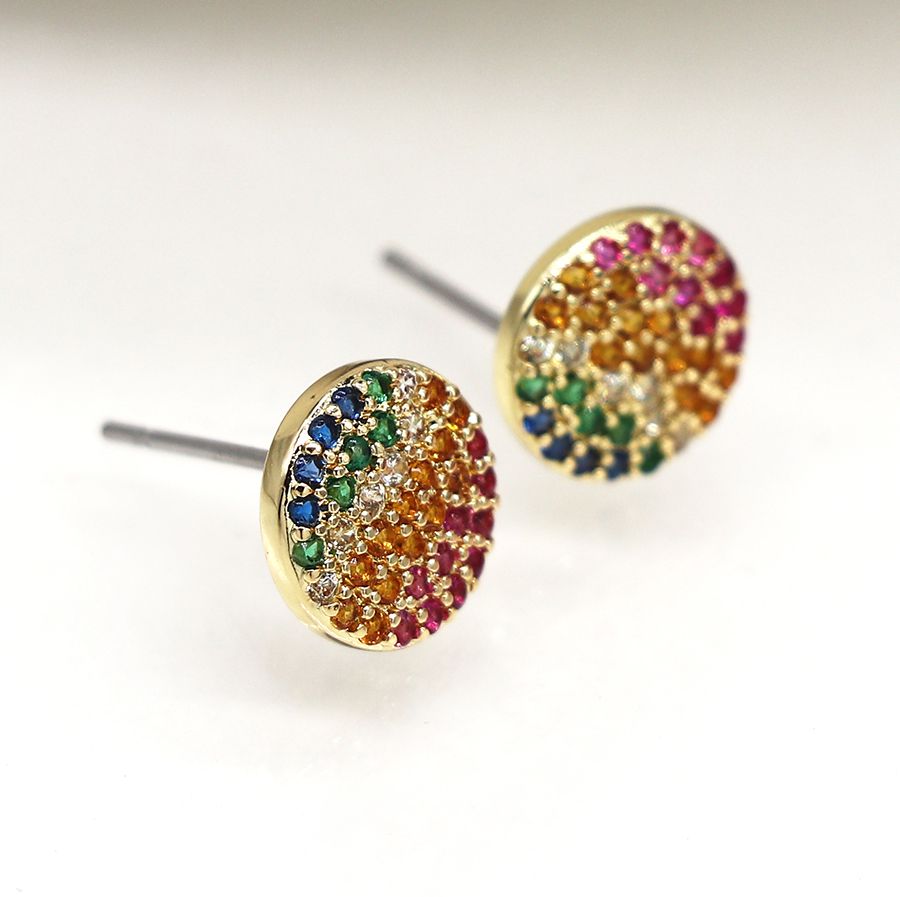 Faux gold disc stud earrings with rainbow gradient crystals