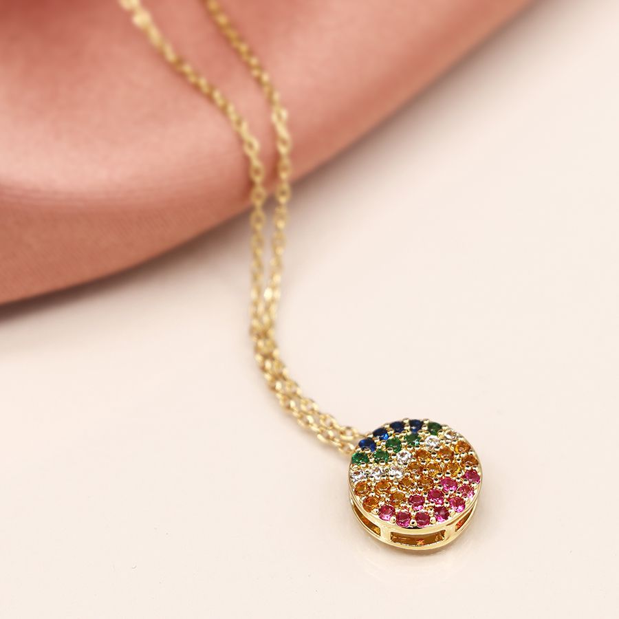 Faux gold disc necklace with rainbow gradient crystals