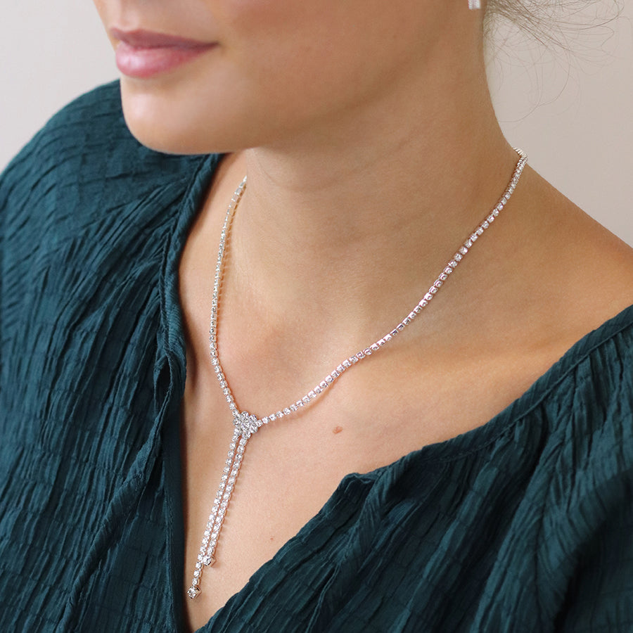 Silver plated classic crystal lariat necklace