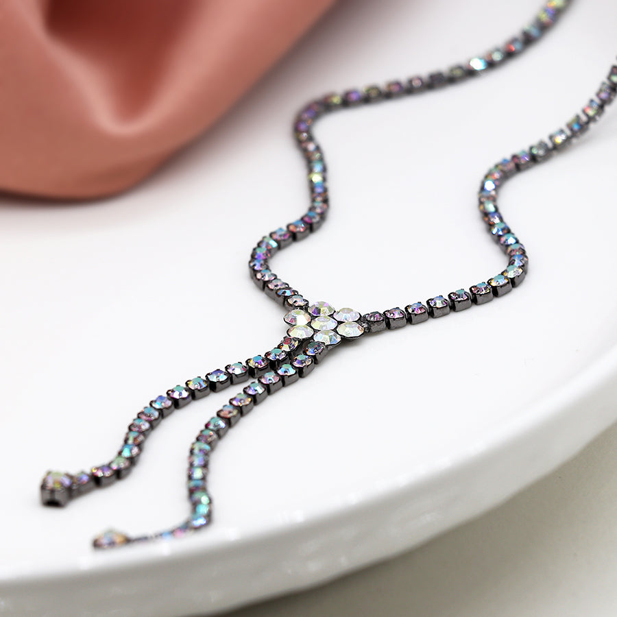 Metallic black classic crystal lariat necklace