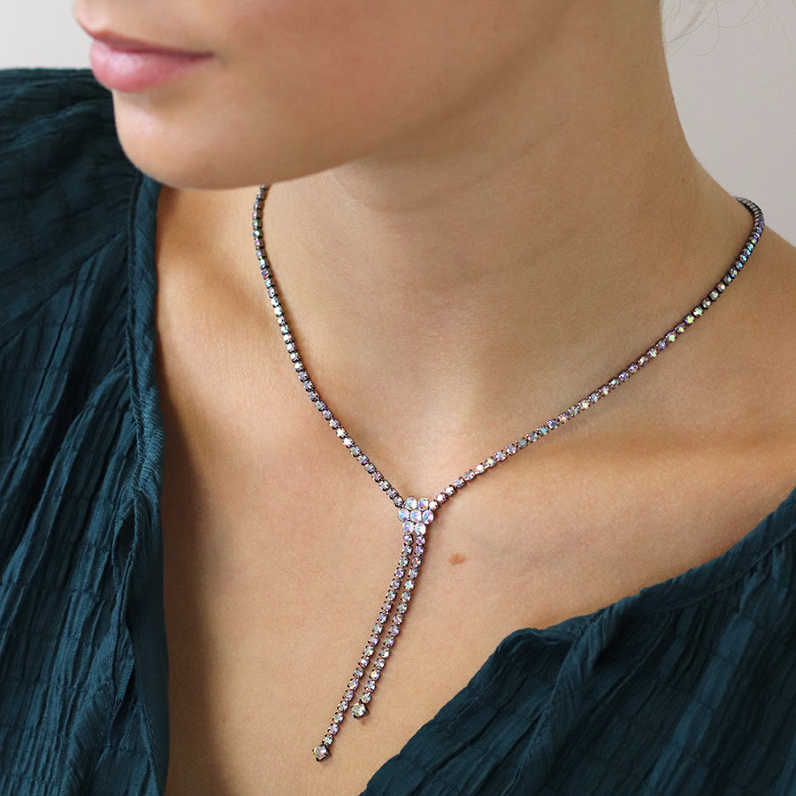 Metallic black classic crystal lariat necklace