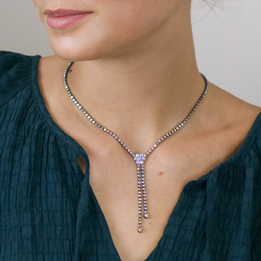 Metallic black classic crystal lariat necklace