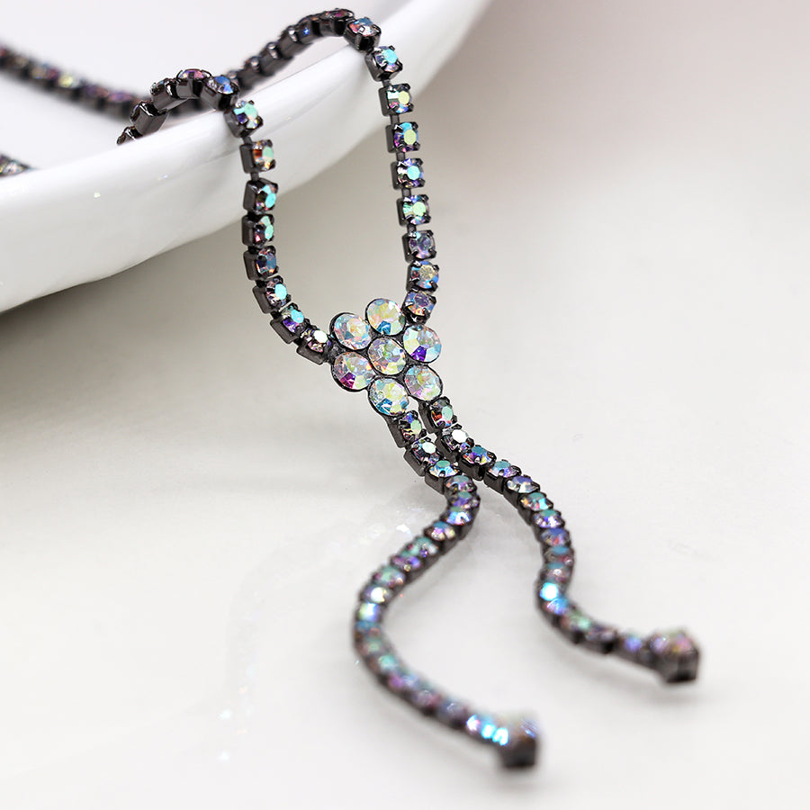 Metallic black classic crystal lariat necklace
