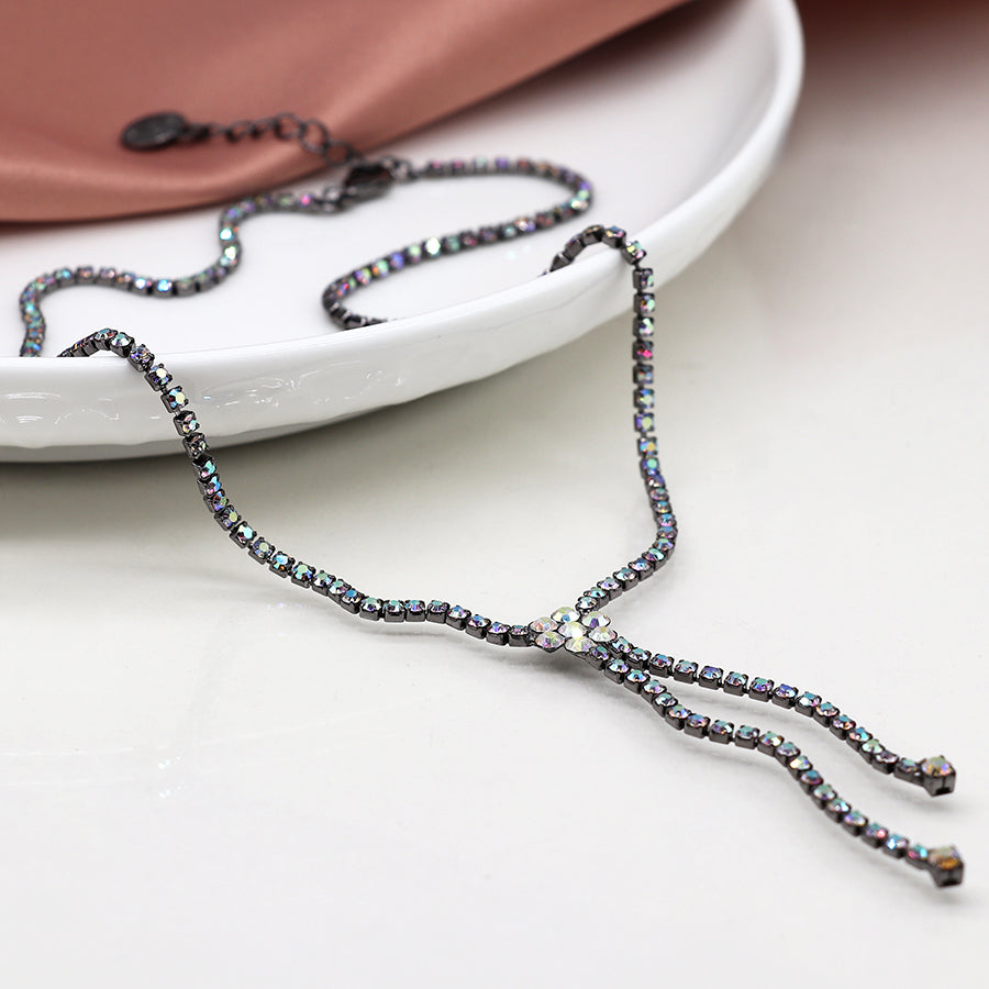 Metallic black classic crystal lariat necklace