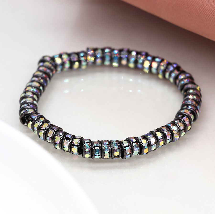 Metallic black and crystal edged disc bead stretch bracelet