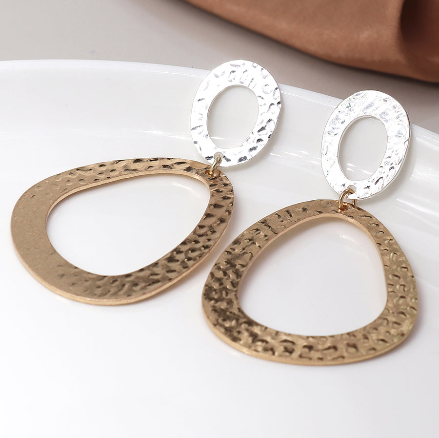 Silver plated and faux gold worn finish small and large hammered shape earrings