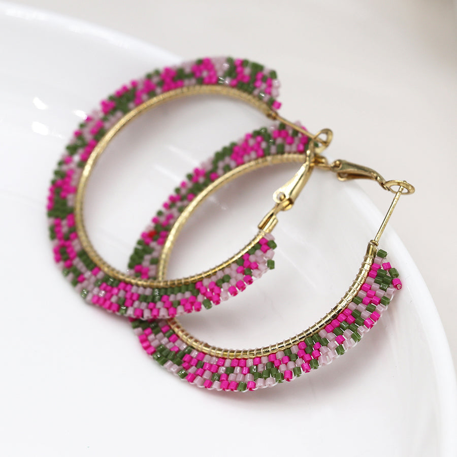Pink, green and lilac bead hoop earrings