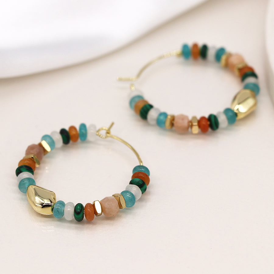 Blue mix beaded hoop earrings with golden pebbles