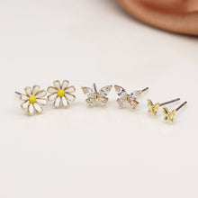 Load image into Gallery viewer, Golden triple flower and butterfly stud set
