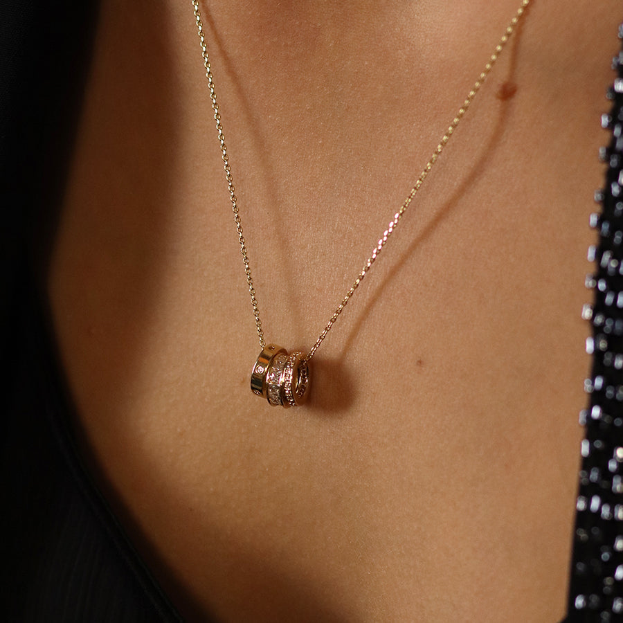 Golden triple mini crystal rings necklace