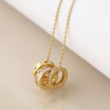 Golden triple mini crystal rings necklace