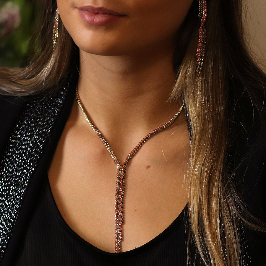 Black and pink mix crystal lariat necklace