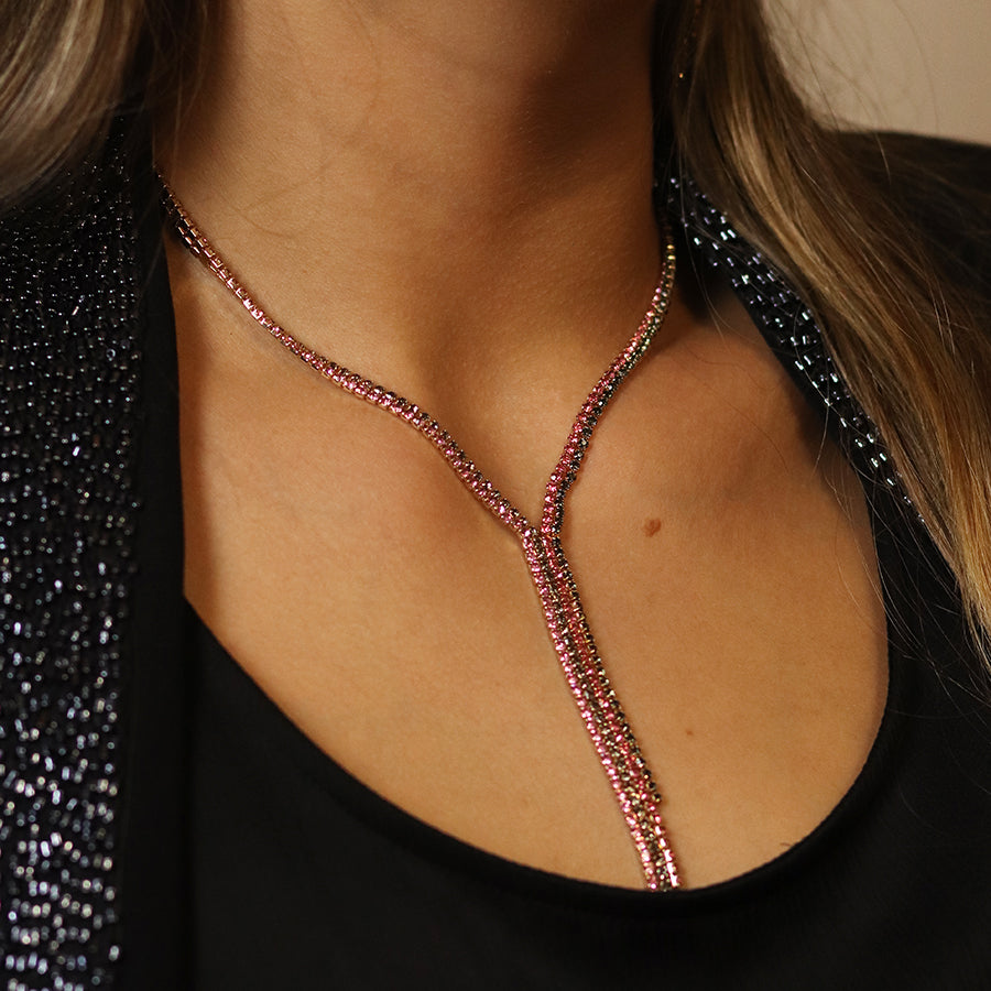 Black and pink mix crystal lariat necklace