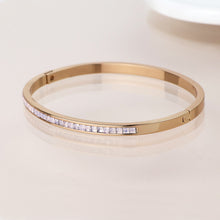Load image into Gallery viewer, Golden pink crystals hinged bangle
