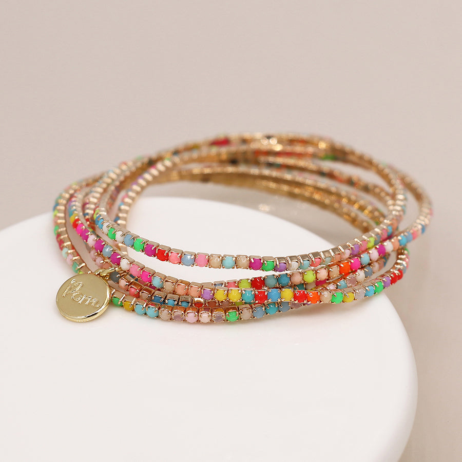Golden multistrand rainbow mix crystal bracelet stack