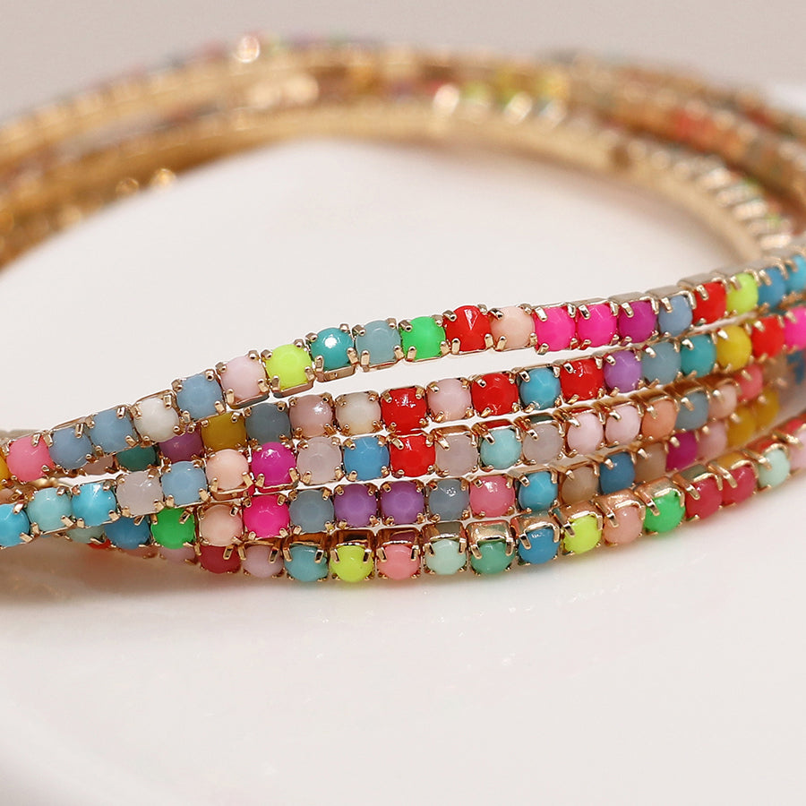 Golden multistrand rainbow mix crystal bracelet stack