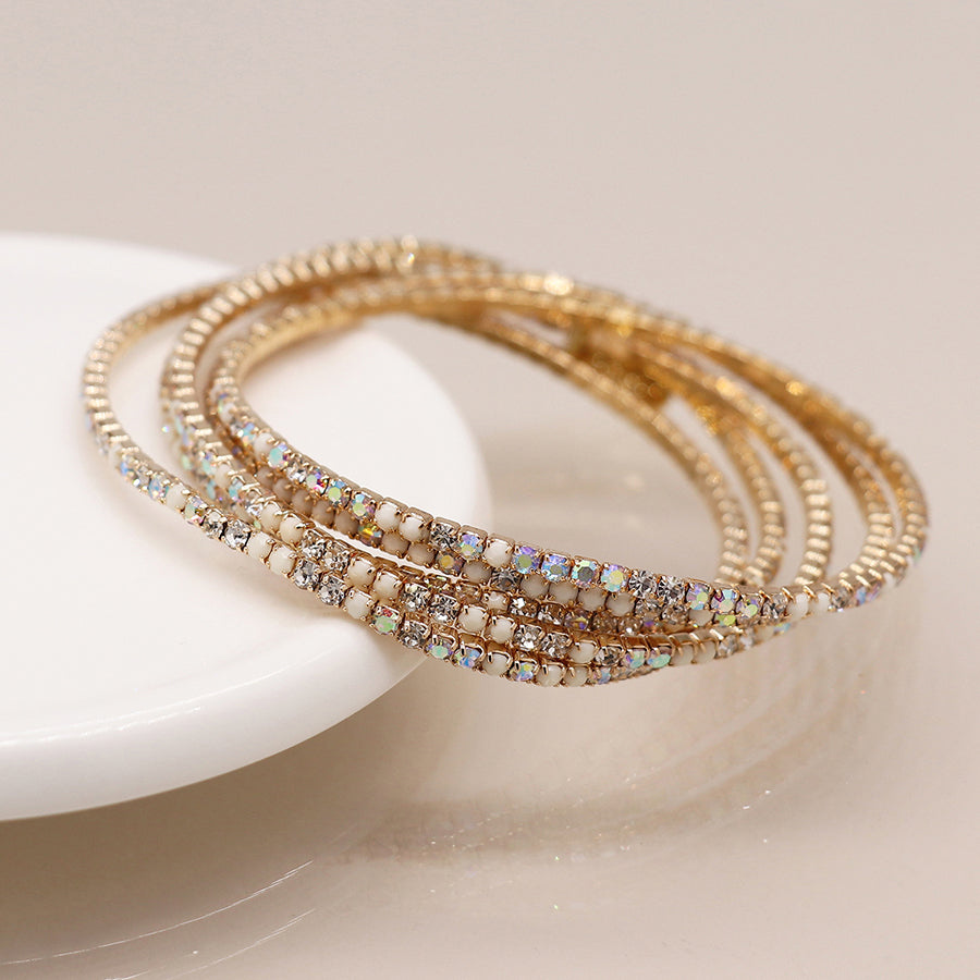 Golden multistrand cream mix crystal bracelet stack