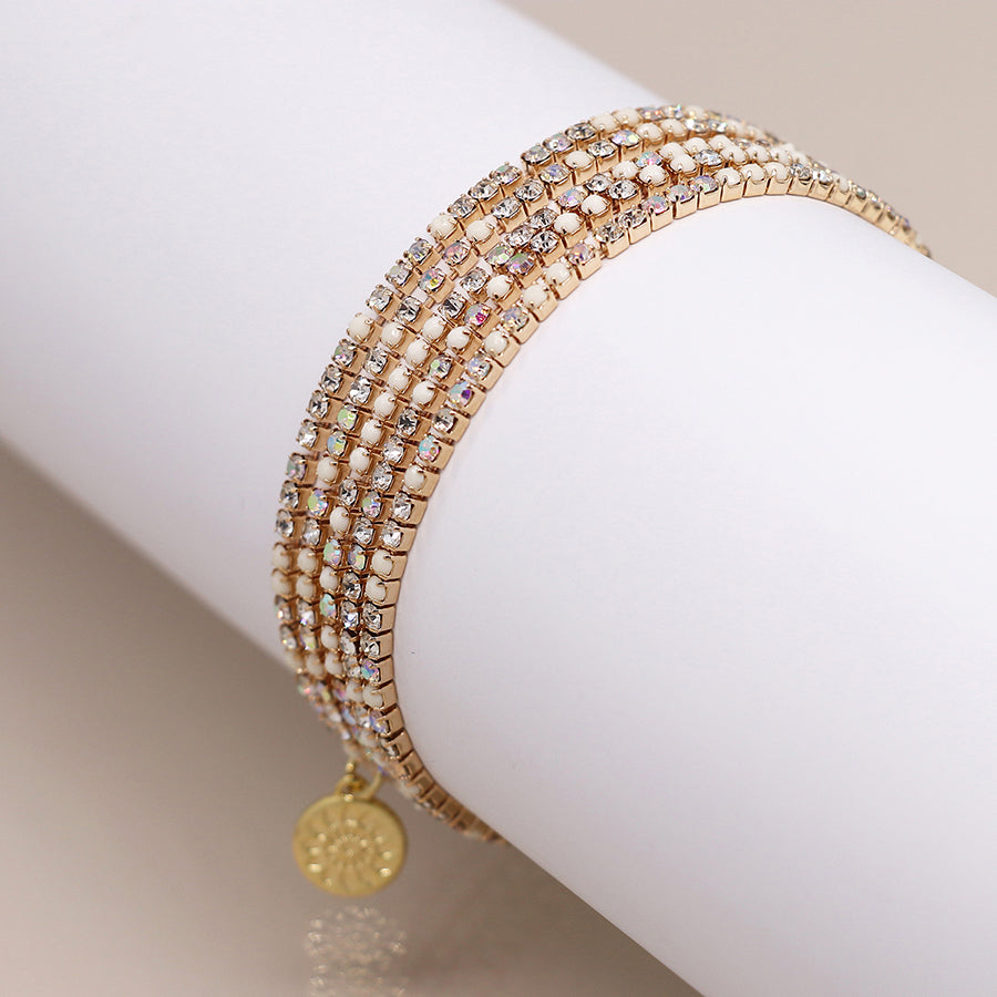 Golden multistrand cream mix crystal bracelet stack