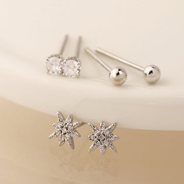 Silver plated crystal, star and bead earring set
