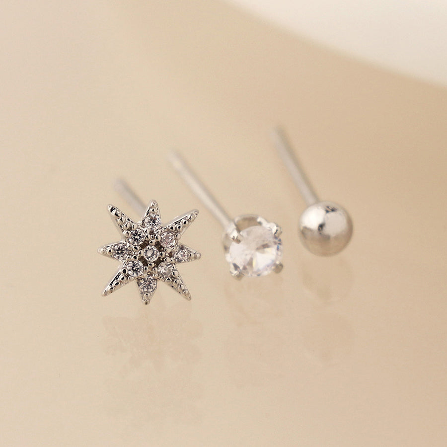 Silver plated crystal, star and bead earring set