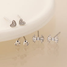 Load image into Gallery viewer, Silver plated bows and hearts triple stud earring set
