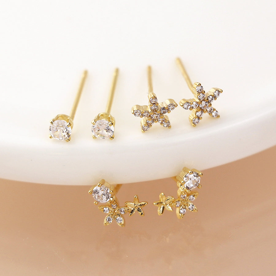 Golden flower mix stud earring set