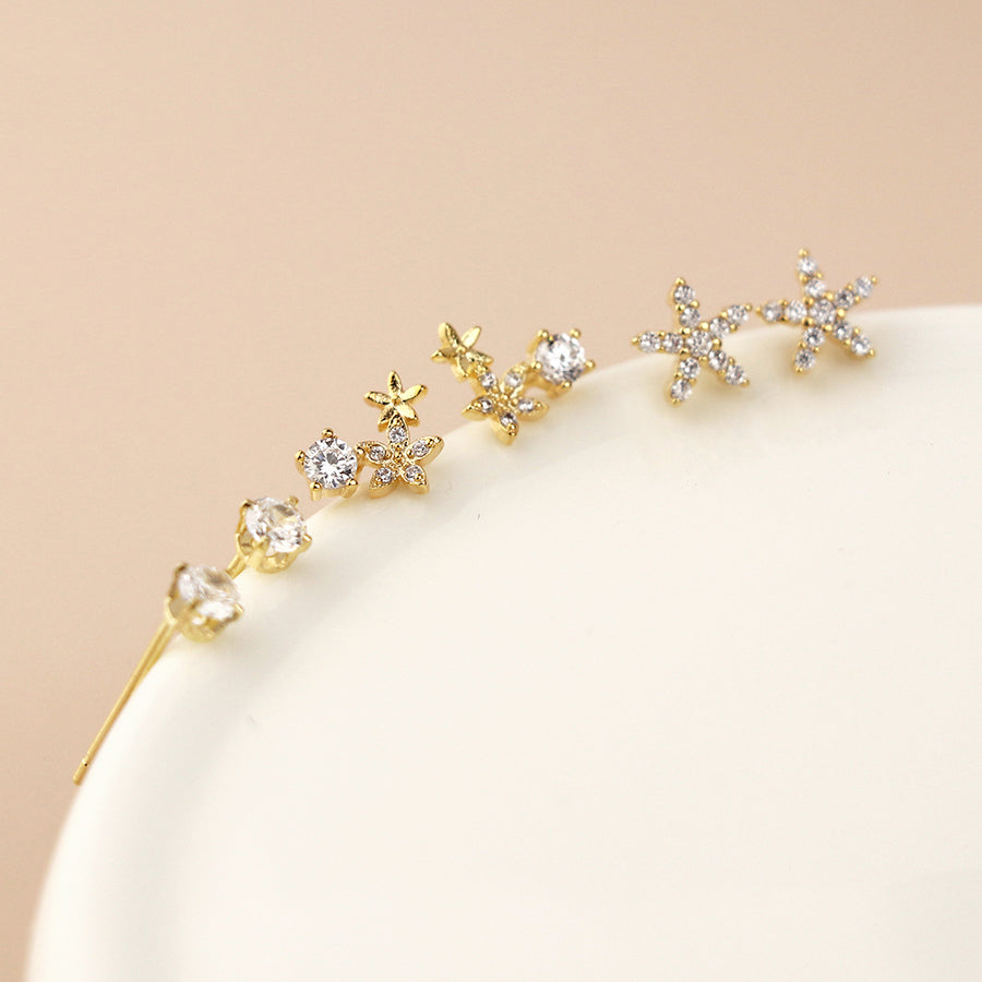 Golden flower mix stud earring set