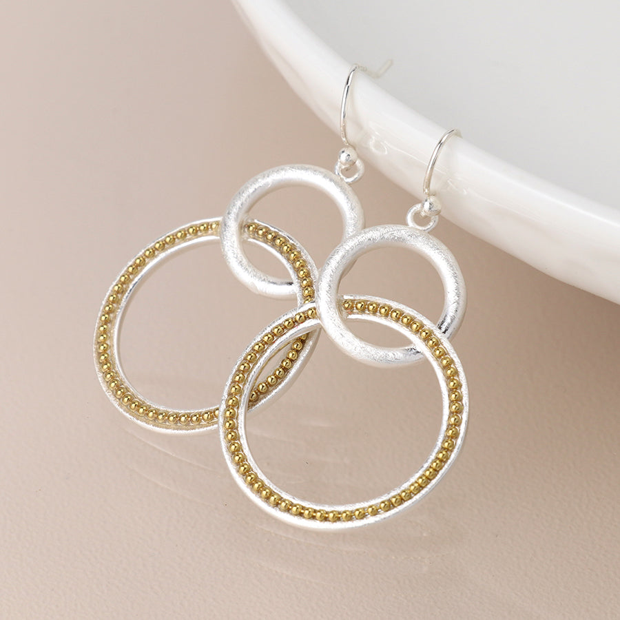 Silver plated double loop and golden bead earrings