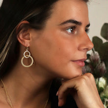 Load image into Gallery viewer, Silver plated double loop and golden bead earrings
