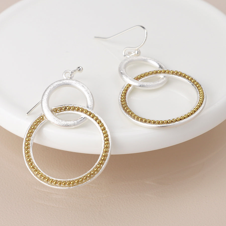 Silver plated double loop and golden bead earrings