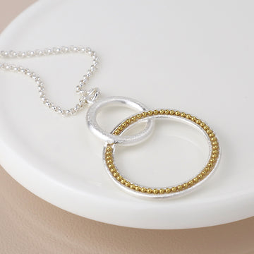 Silver plated double loop and golden bead necklace