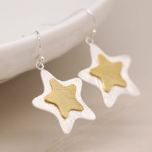 Load image into Gallery viewer, Silver plated and golden layered star earrings
