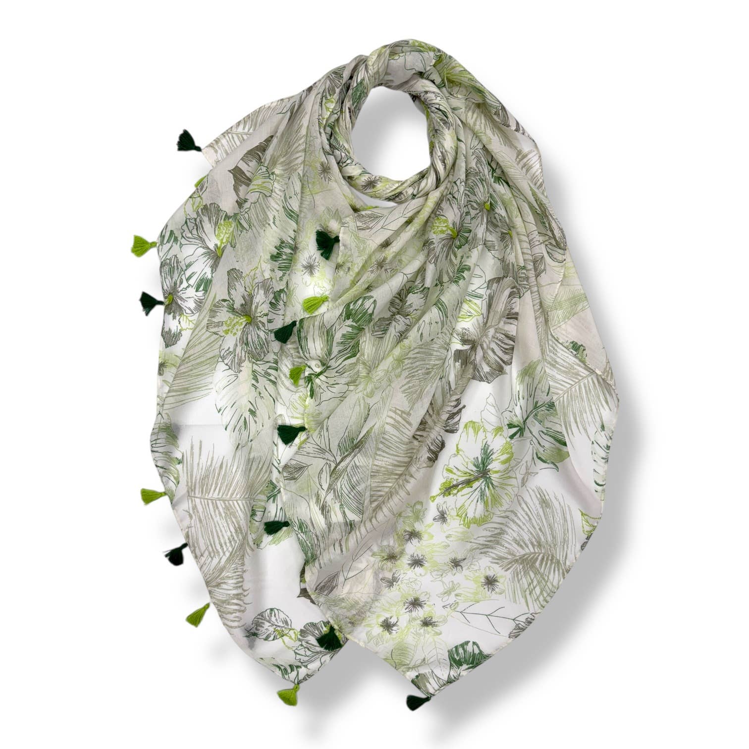 Tropical Leaf & Floral Print Tassel Scarf