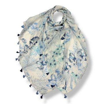 Tropical Leaf & Floral Print Tassel Scarf