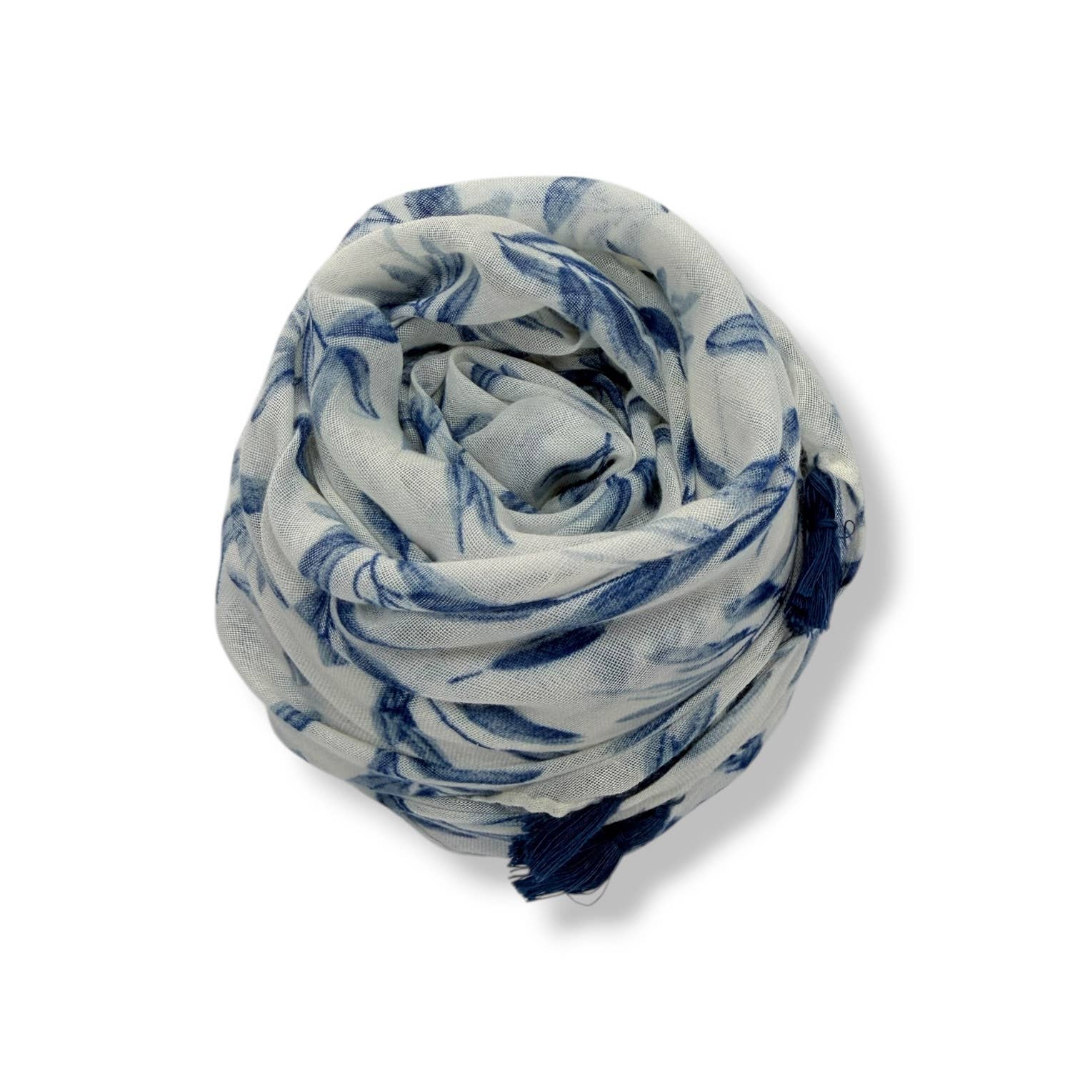 Blue Leaf Print Scarf with Tassels
