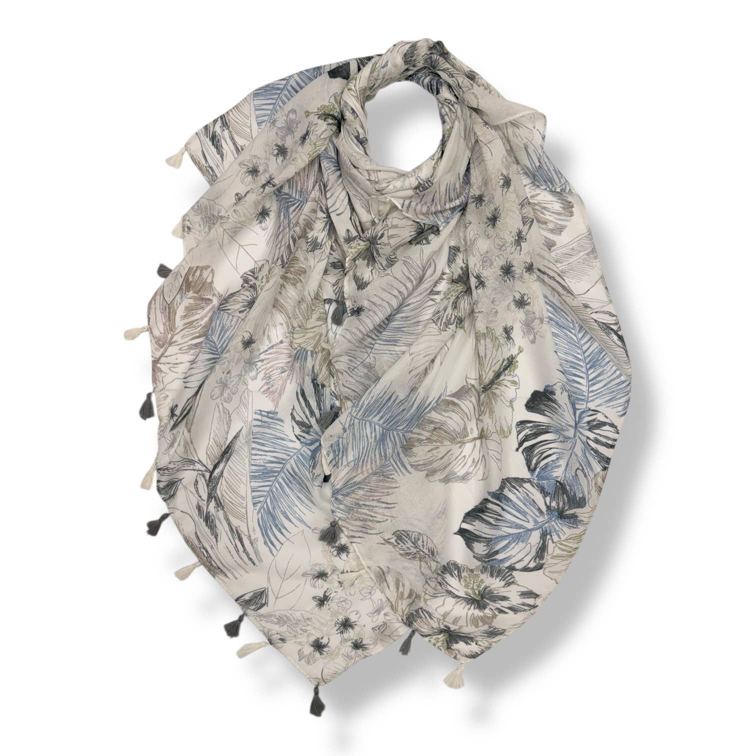Tropical Leaf & Floral Print Tassel Scarf