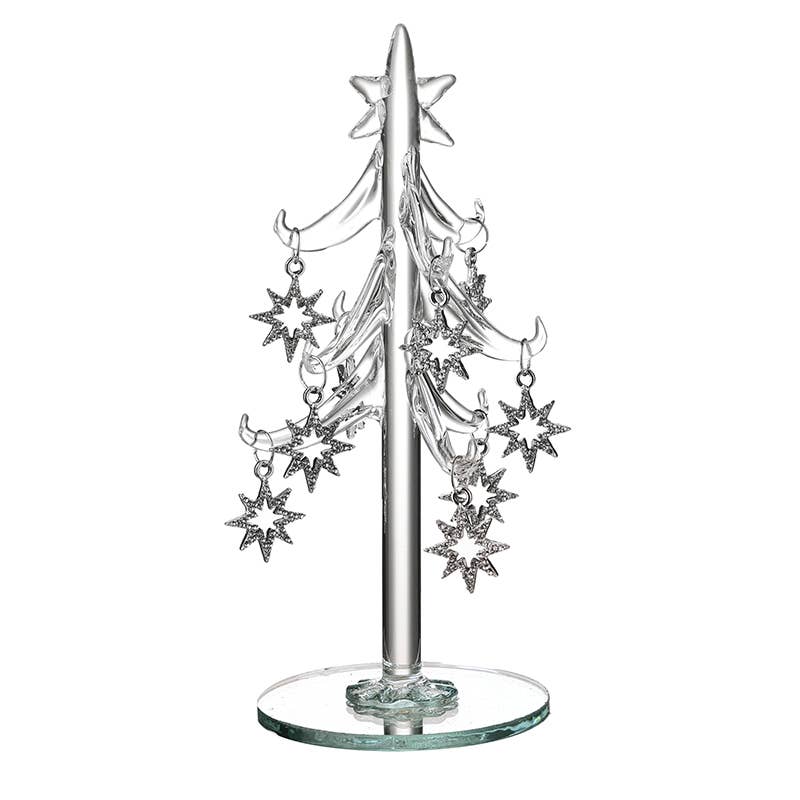 GLASS TREE WITH STAR DECORATIONS