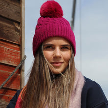 Load image into Gallery viewer, 50% recycled cable knit and faux fur bobble hat
